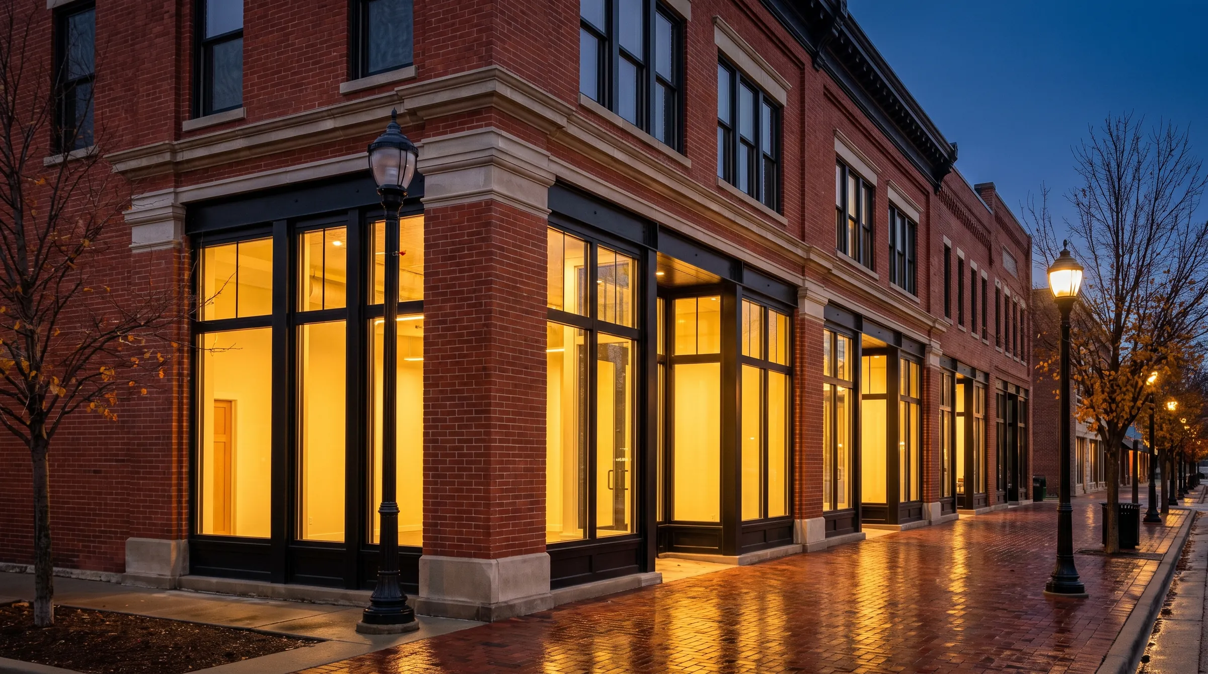 Downtown brick commercial buildings at dusk