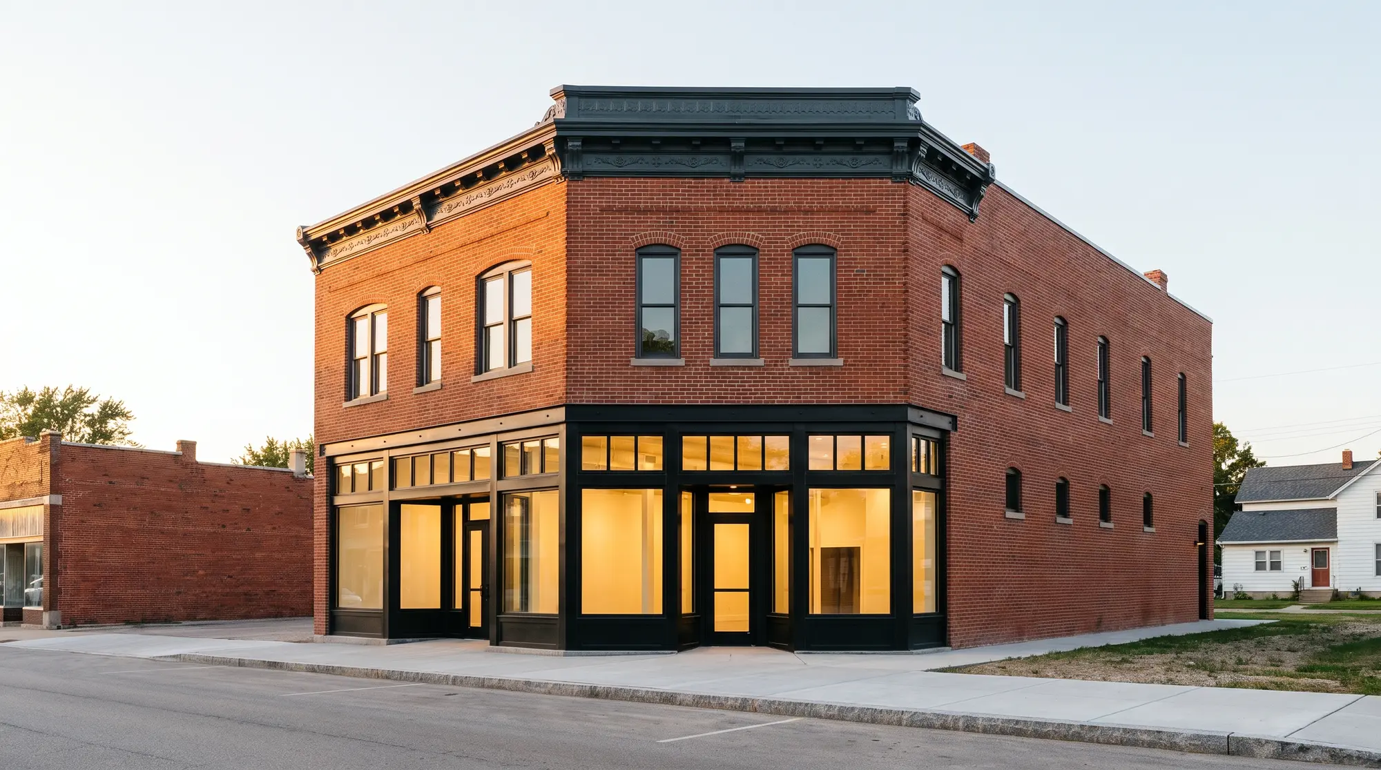 Restored two-story brick storefront building with new black storefront frames