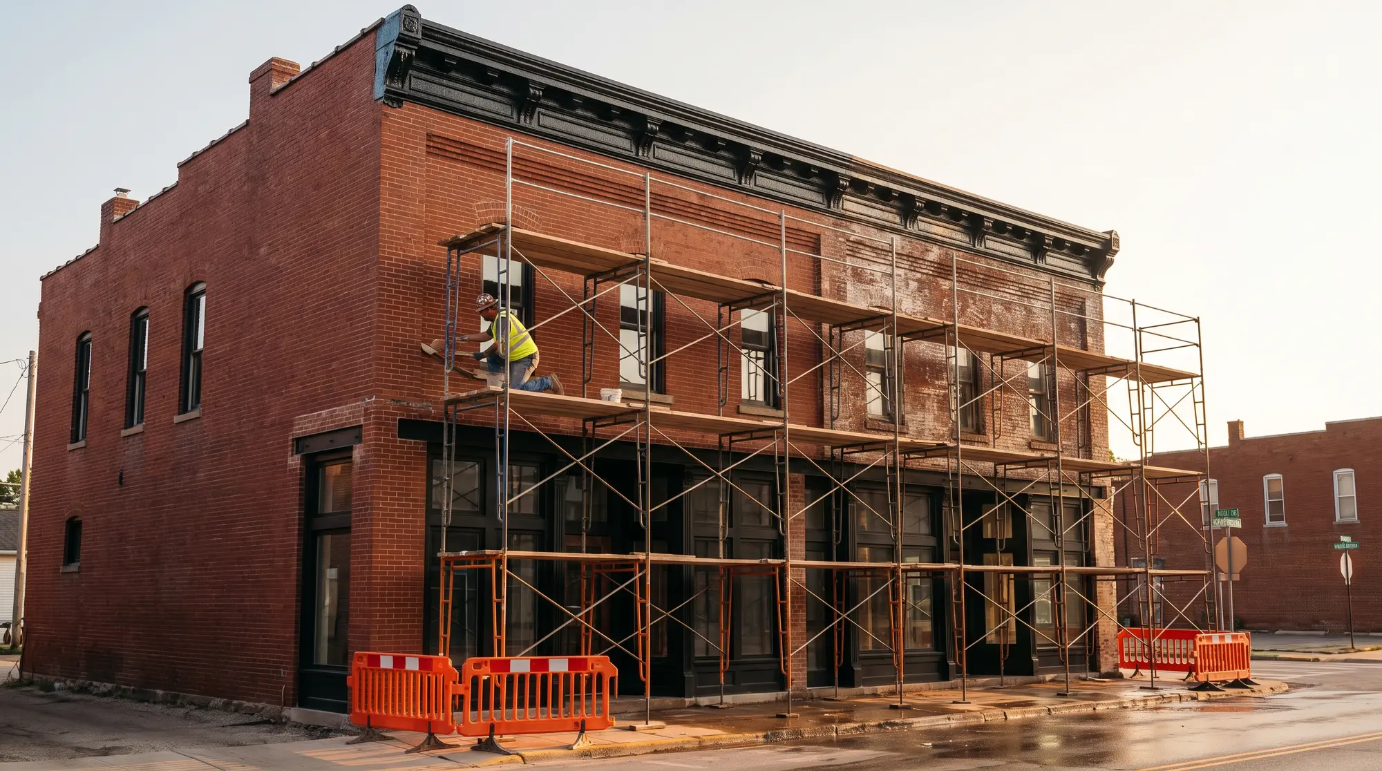 Mason repointing brick on a scaffolded downtown building
