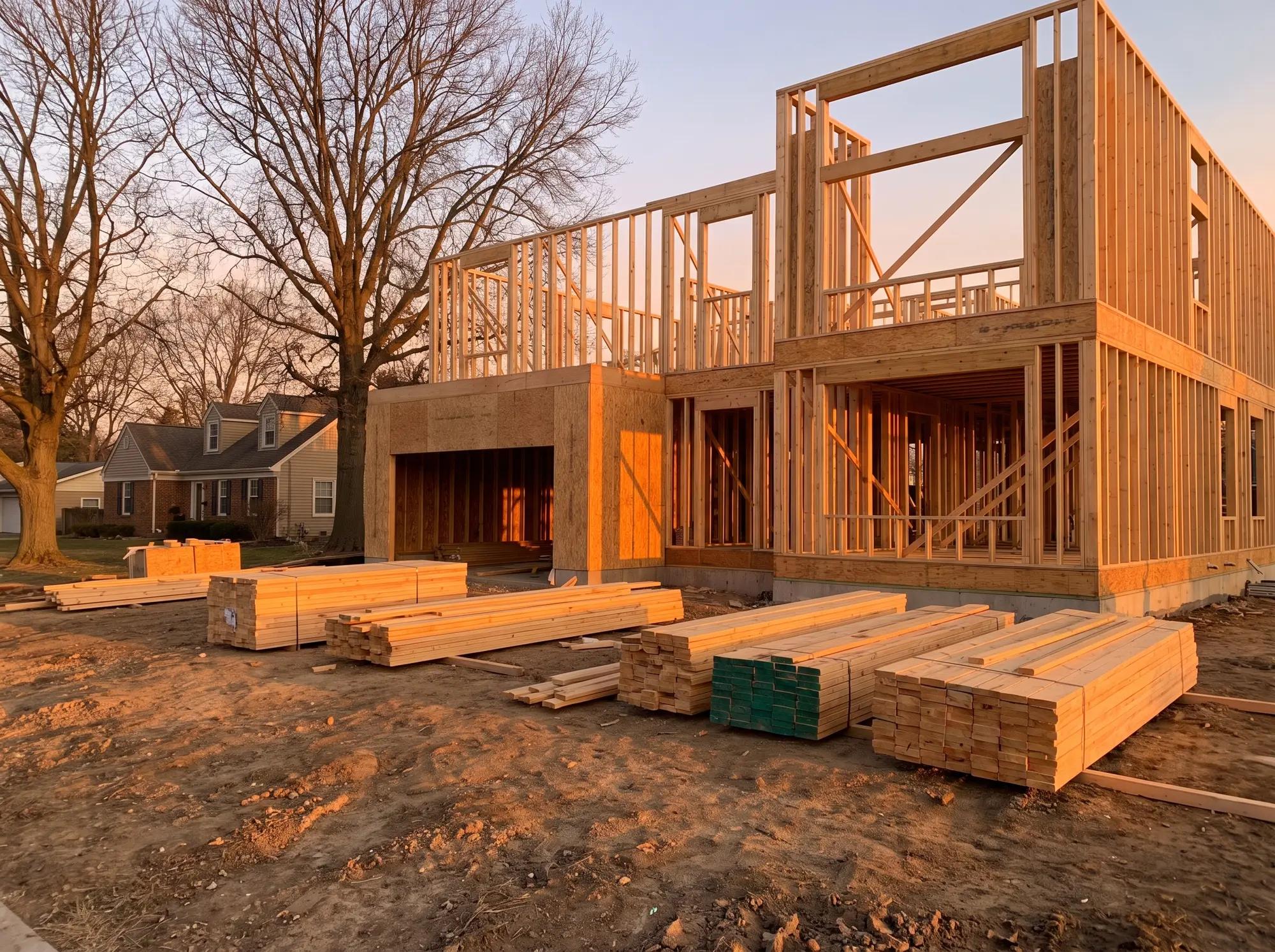 New home framing going up on a residential lot with lumber stacked in front