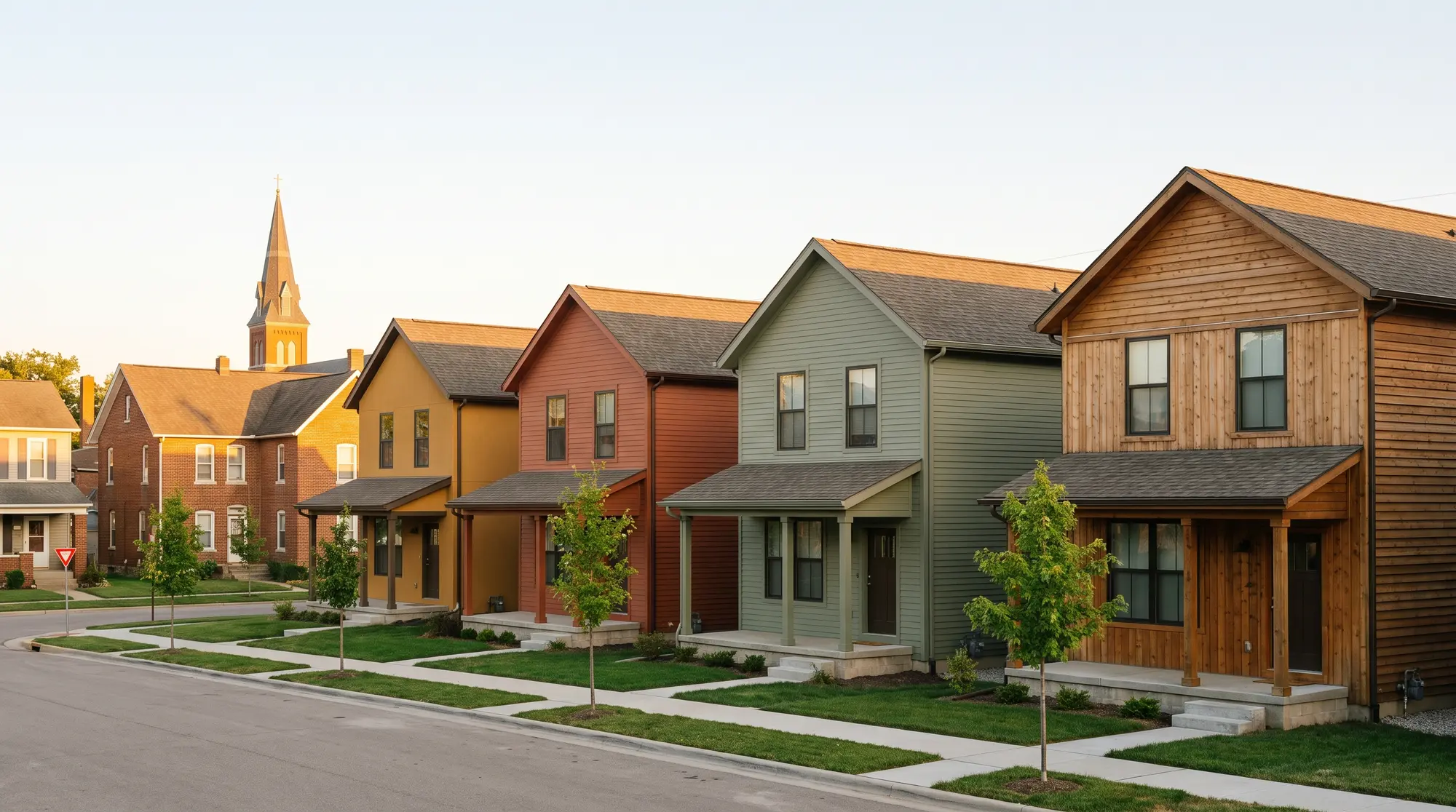 Row of new two-story homes on a tree-lined Midwest street