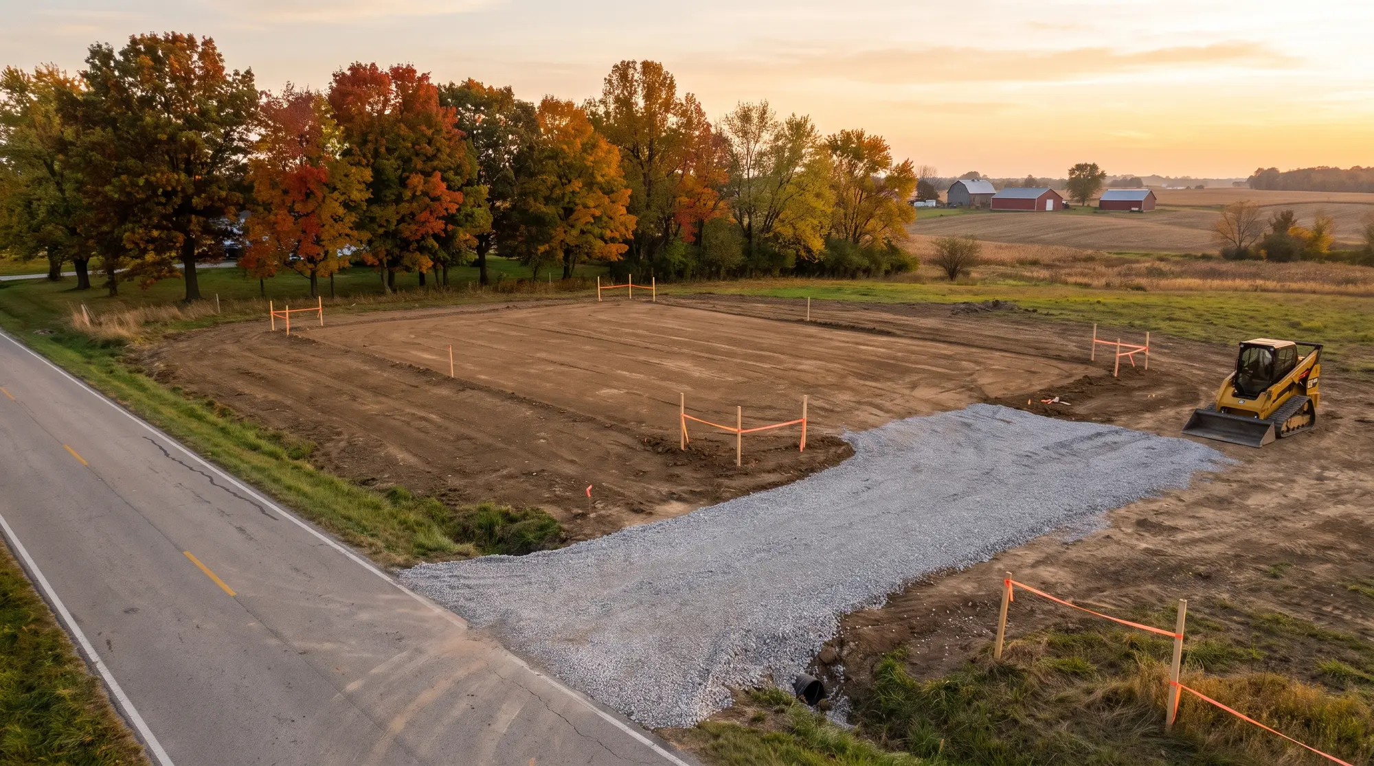 Graded building pad with survey stakes and a new gravel entrance at sunset