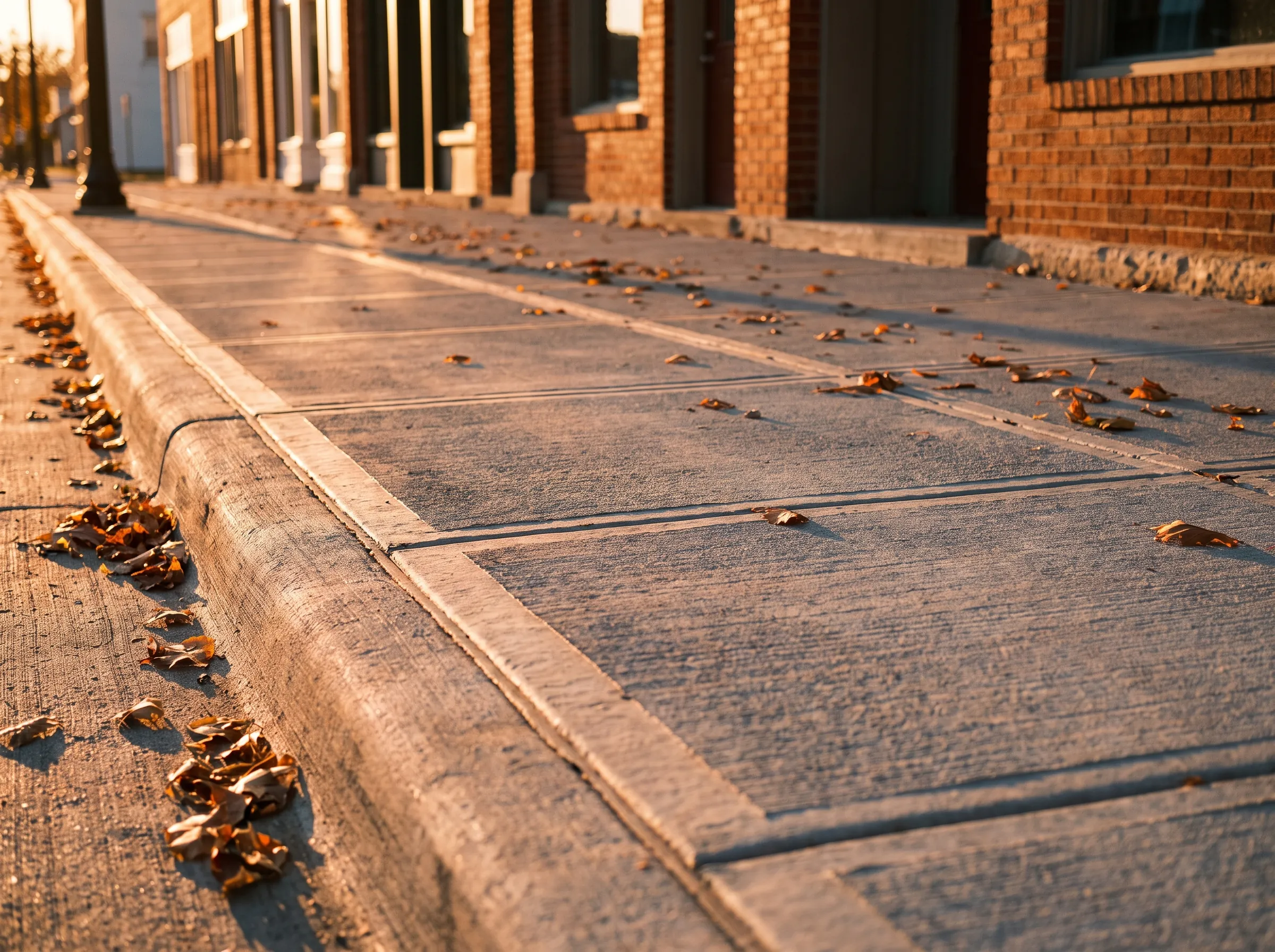 New concrete sidewalk along brick storefronts at golden hour