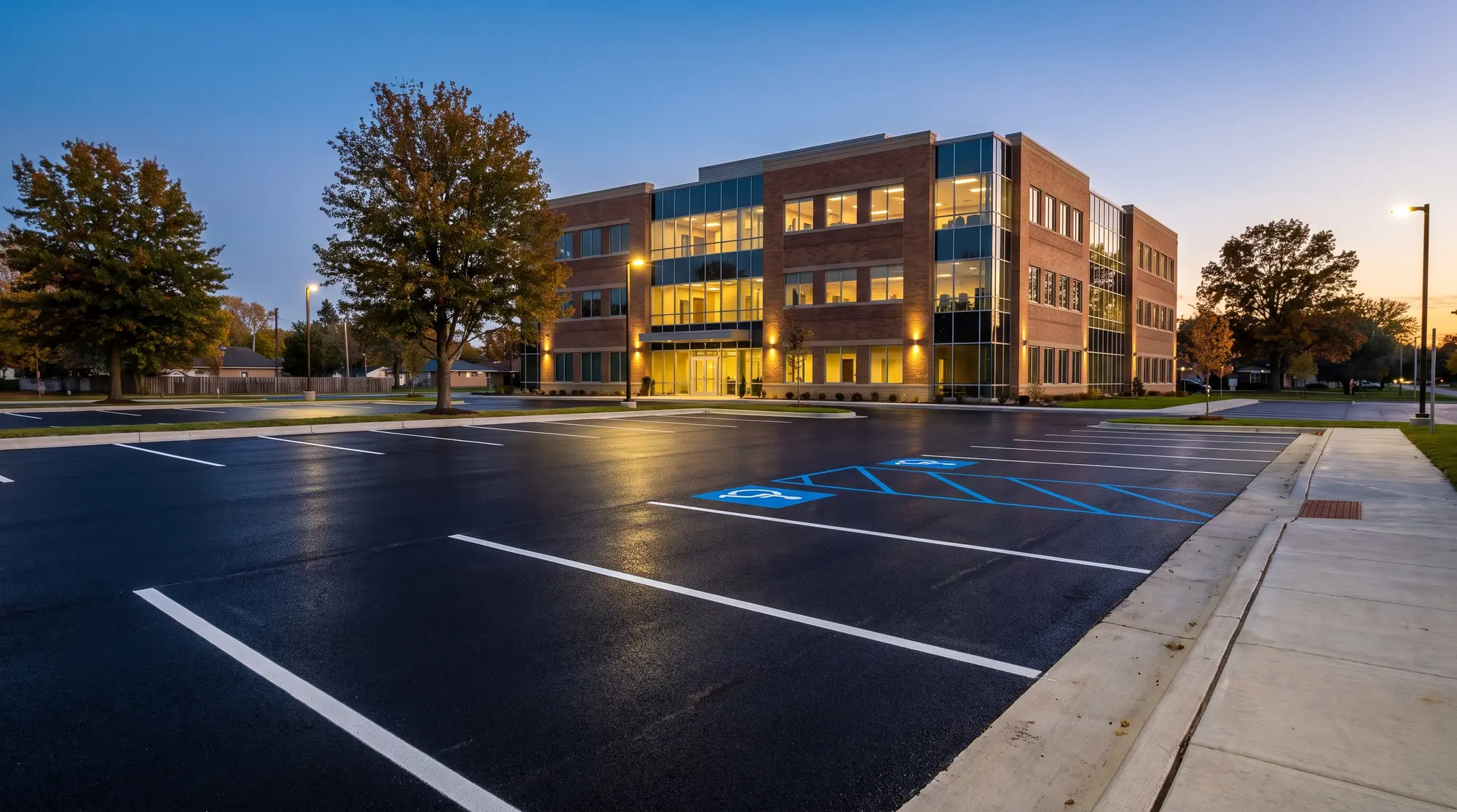 Freshly sealed commercial parking lot with white striping at dusk