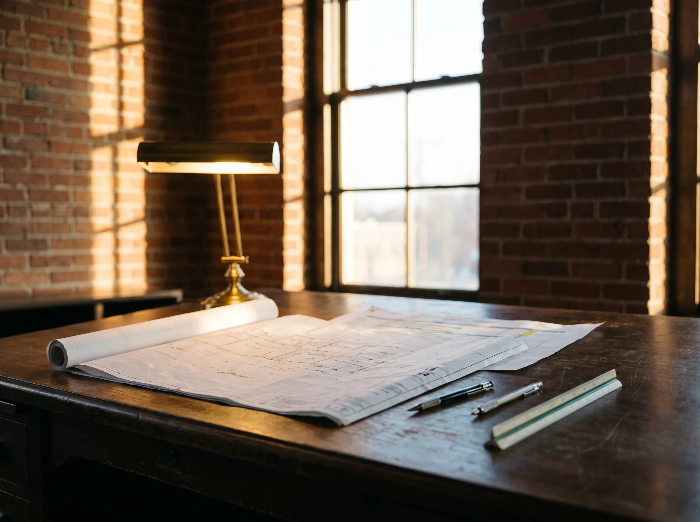 Plans and a maintenance schedule on a desk in a brick office