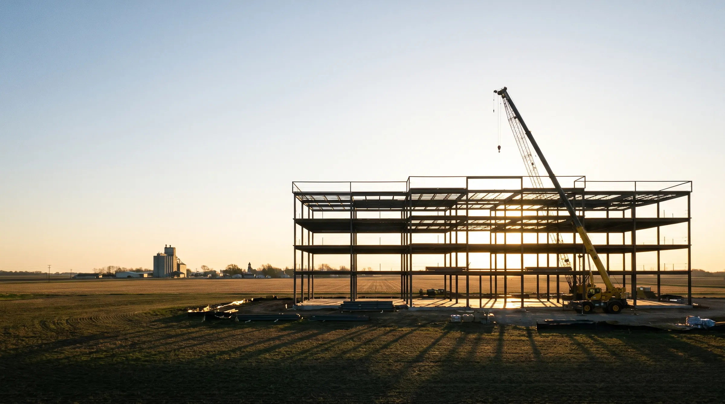 Steel-frame commercial building under construction at sunrise