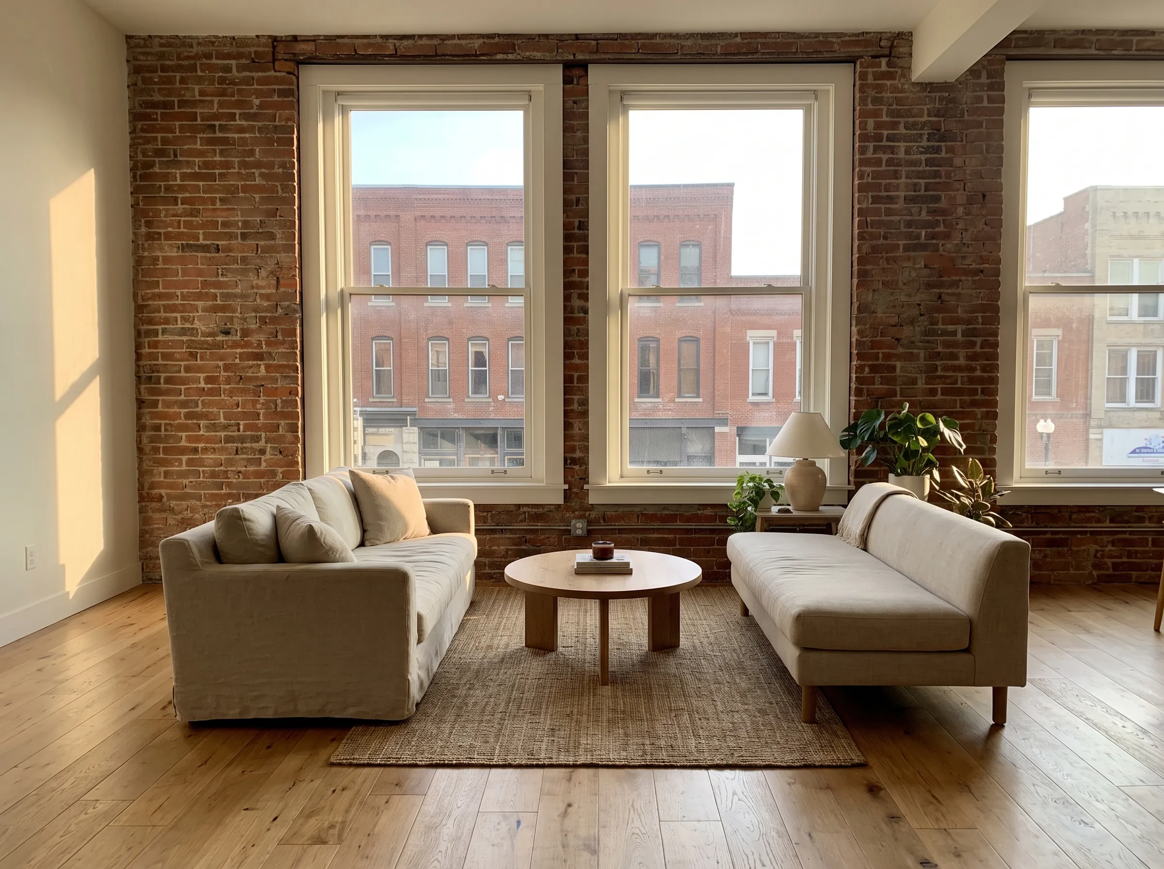 Renovated upper-floor apartment with brick walls and tall windows