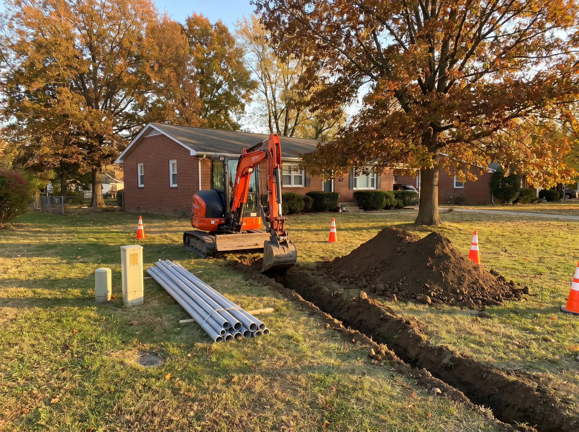 Compact excavator digging a utility trench on a residential lot